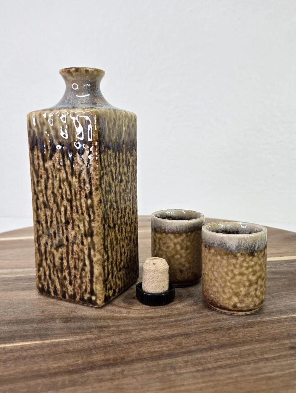 Vintage Japanese Stoneware Sake Drink Set Pottery Brown Lava Drip Glaze Set